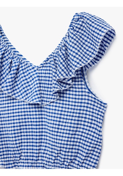 Koton Fırfırlı Kolsuz Düşük Omuz Ekoseli Crop Bluz Mavi Ekoseli 6skg60064ak Mavi