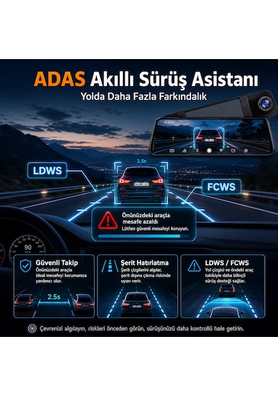 Pasens Araç Dikiz Aynası Dvr 4k Ultra Hd Ön + 1080p Arka Kamera, 10" Ips Dokunmatik Ekran, Wifi & App Kontrolü, Süper Gece Görüş, Bsd