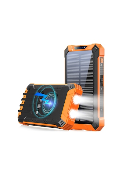 10000mah Solar Powerbank Wireless Kablosuz Şarj Özellikli Kendinden Kablolu Taşınabilir Şarj Aleti Turuncu
