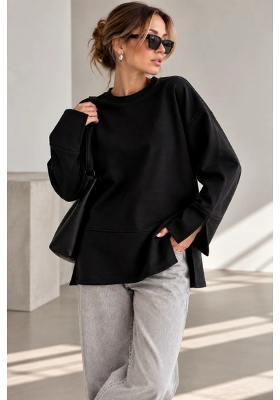 Bb Butik Basic Oversize Yırtmaç Detaylı Bisiklet Yaka Sweatshirt Zg3535 siyah