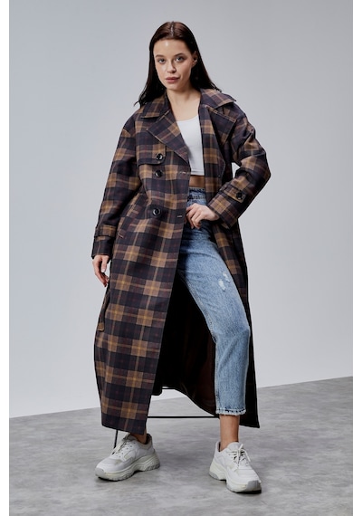 Elora Lacivert Ekose Detaylı Premium Oversize Trençkot 46650 Lacivert-haki