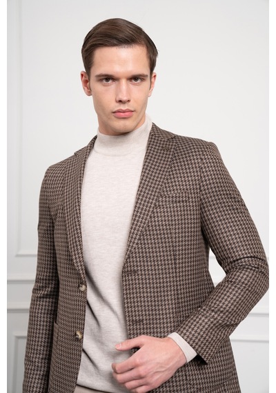 Morven Erkek Kahve Dokuma Slim Fit Dar Kesim Mono Yaka Ceket 25ks002002400 Kahve