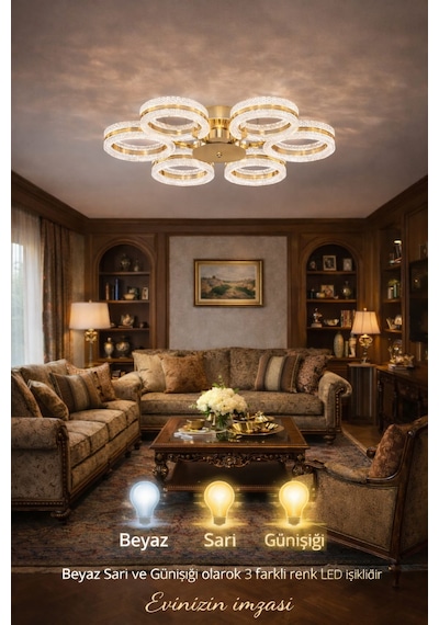 Alya 6lı Gold Plafonyer 3 Renk Led Secenekli Salon Oturma Odası Ledli Avize Altın - Gold
