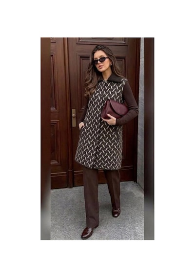 Onno Style Women Desenli Çelik Örgü Uzun Triko Kadın Yelek Kaban Kahverengi