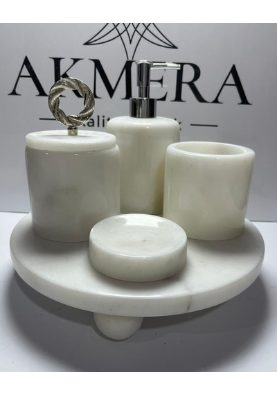 Mermer Top Ayaklı Standlı 5 Parça Lüks Banyo Seti Beyaz - Gümüş
