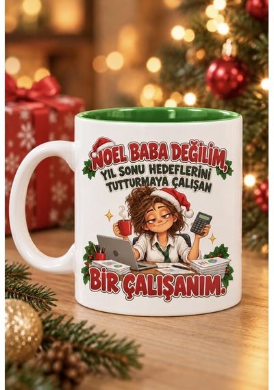 Mesela Yılbaşı Kupası Noel Baba Değilim Desenli Yeşil İçli Hediyelik Kahve Kupa Bardak Beyaz