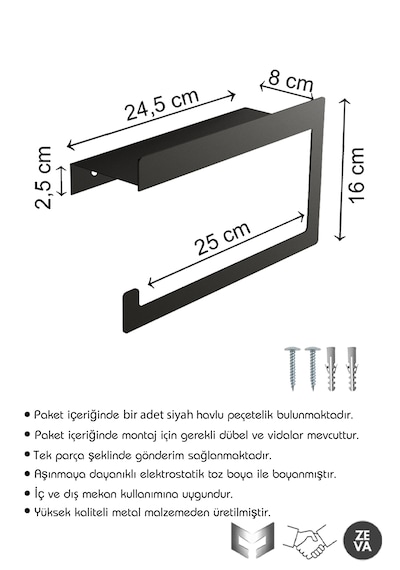 Siyah Metal Duvara Monte Havlu Peçetelik, Peçete Düzenleyici