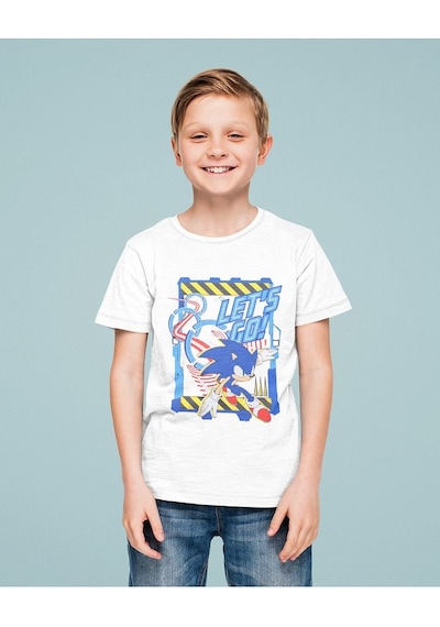 Sevbano Sonic Lets Go Baskılı Unisex Çizgi Film Çocuk Tişört 1-12 Yaş Beyaz