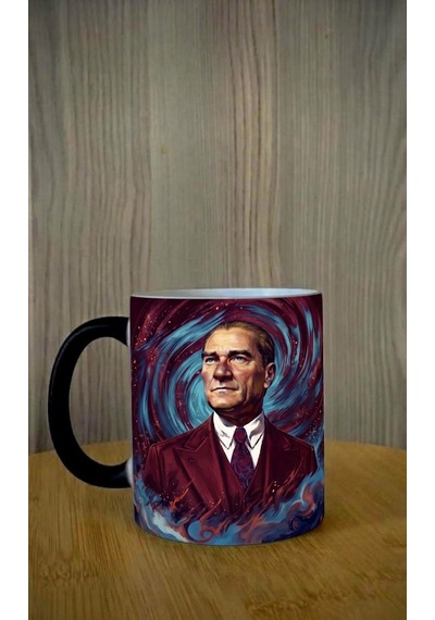 Kişiye Özel Bordo Mavi Renk Tasarımlı Atatürk Görsel Temalı Sihirli Kupa Bardak Bordo - Mavi