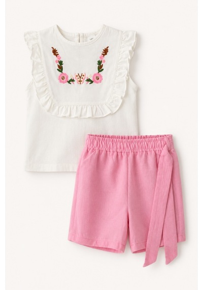 Noble Kids Kız Çocuk Çiçek Nakışlı Fırfırlı Bluz Ve Keten Şort Takım Pembe