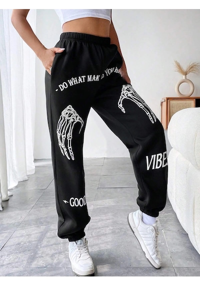 Coolane Skeleton Hand & Letter Graphic Elastic Waist 4 Mevsim Eşofman Siyah