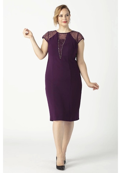 Moda Berray 1279 Kare Baklava Desenli Kısa Büyük Beden Abiye Elbise Mürdüm Mürdüm