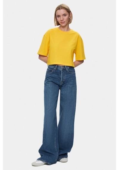 Indıana Sarı Bisiklet Yaka Crop Baskılı Loose Fit Kadın Tshirt Sarı