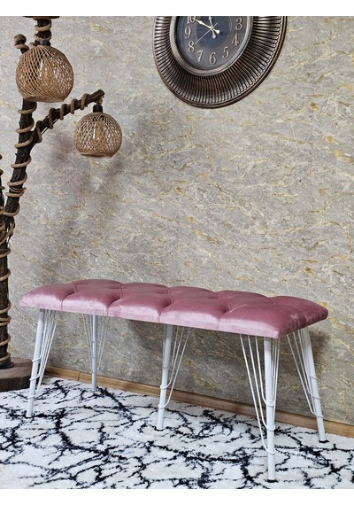 Zafir Metal Beyaz Tel Ayaklı 100 Cm Puf Bench - Puf - Bench - Oturak - Mutfak Oturağı - Antre Oturağı Pembe
