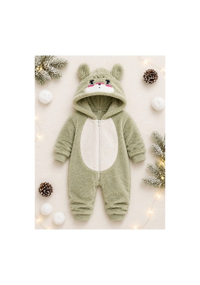 Tatlı Ayıcık Desenli Welsoft Peluş Kapüşonlu Fermuarlı Kışlık Unisex Bebek Tulumu 40197 Yeşil