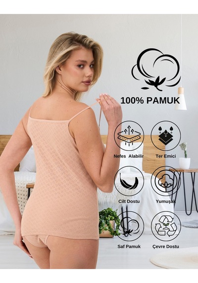 Alya Underwear %100 Pamuk Kumaşlı İp Askılı Kadın Atlet Jakarlı Ribana Kalp İşlemeli 5'li Paket Beyaz Ten Rengi