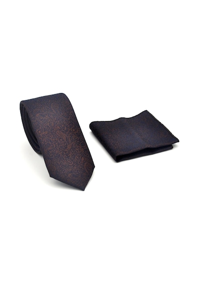 Gaffy Şal Desenli Kahverengi Dokuma Kumaş Mendilli Slim Fit Kravat // Sdk-2508-4 Kahverengi