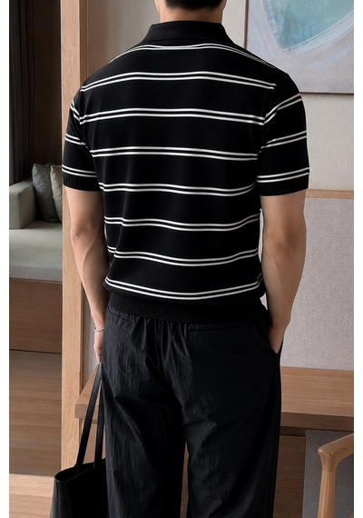 Tarz Cool Erkek Çizgili Polo Yaka Viskon Triko Tişört Slim Fit Yazlık Şık Triko Polo Siyah