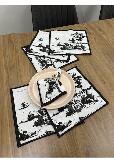 Toile De Jouy Monet Amerikan Servis 6 Lı Set 30x30 Cm %100 Pamuk Dijital Baskılı Country Tarzı Fransız Masa Dekoru - Zt730 Siyah