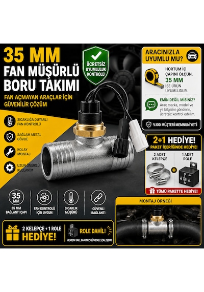 Hararet Yapan Fan Açmayan Araçlar İçin Müşürlü Boru Takımı Kelepçe Role Hediyeli 35mm