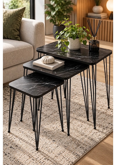 Sulorahome Siyah Mermer Desenli Metal Tel Ayaklı 3'lü Zigon Sehpa Takımı