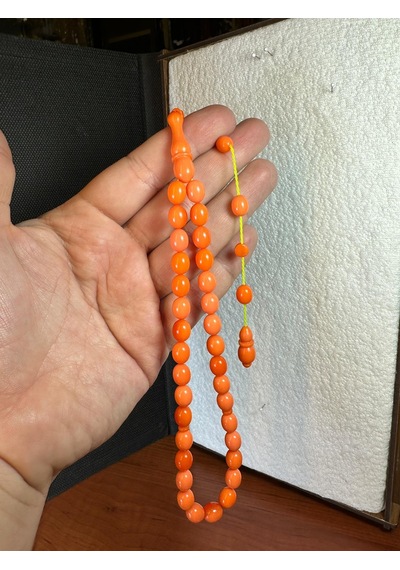 Sıkma Kehribar Tesbih Turuncu Renk Beyzi Kesim 7x10mm T-258