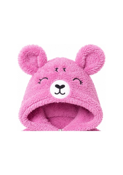 Kız Erkek Bebek Welsoft Peluş Tulum Kapüşonlu Fermuarlı Kışlık Bebek Tulumu Ayıcık Desenli Yumuşak Polar Tulum Gül Kurusu