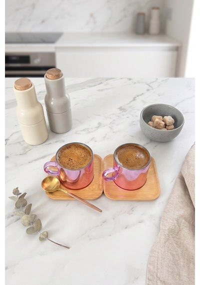4 Parça 2 Kişilik Bambu Altlıklı Metalik Pembe Cam Kahve Fincan Takımı 100 Ml