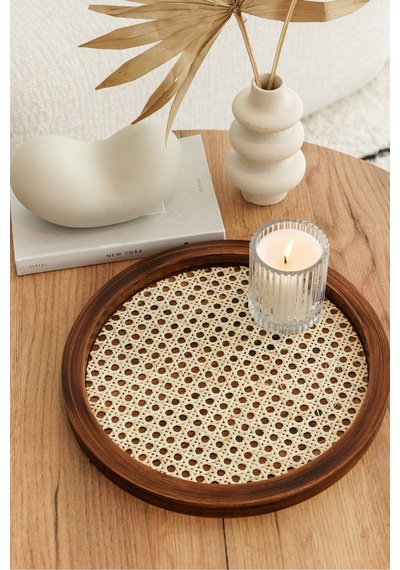 Rattan Hazeran Yuvarlak Tepsi Eskitme %100 Doğal Hazeran