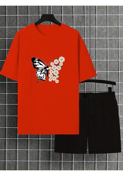 Uyguntarz Unisex Papatyakelebek Tasarım Basklı Tshirt Eşofman Takımı Kırmızı