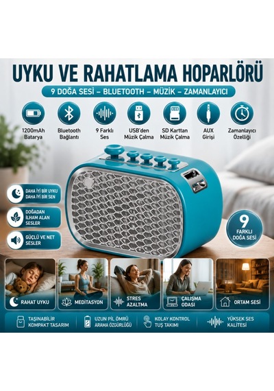 Polham 9 Sesli Uyku Hoparlörü Bluetooth 5.1v, 1200mah Taşınabilir Rahatlama Cihazı Zamanlayıcı, Usb Sd Kart Aux Mavi