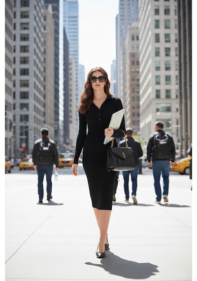 Lela Premium Fitilli V Yaka Slim Fit Midi Boy Triko Bayan Elbise 680El00282 Siyah