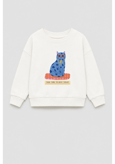 Monila Kız Çocuk 3 İplik Kumaş Pamuklu Kedi Baskılı Sweatshirt Ekru