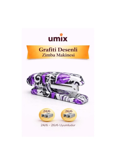 Umix Grafiti Desenli Zımba Makinesi 24/6 26/6 Uyumlu Renkli Ofis & Okul Zımbası
