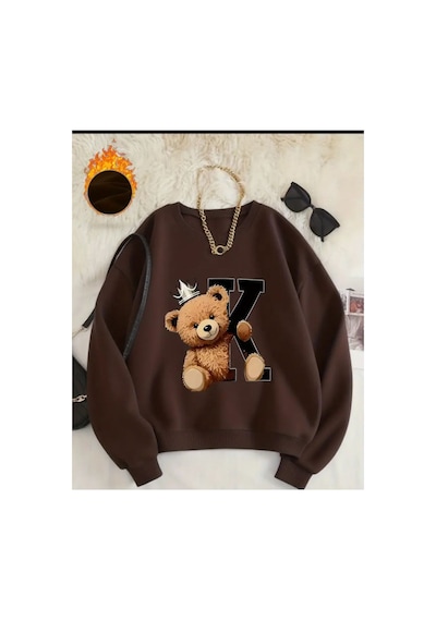 Herkesemoda Kral Ayıcık Baskı Desen Detaylı Bisiklet Yaka Sweatshirt Kahverengi
