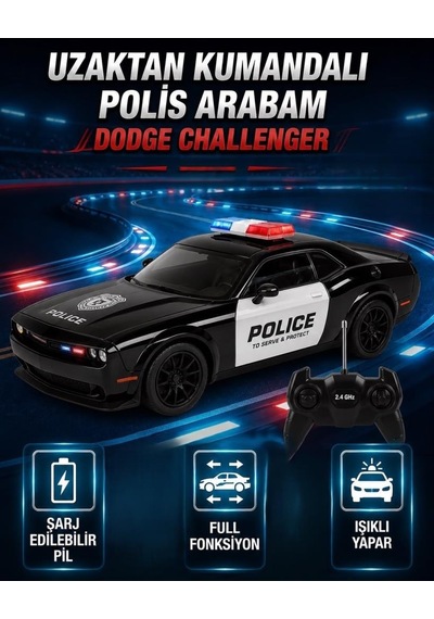 Dodge Challenger Tasarımlı 1:16 Ölçekli 2.4 Ghz Full Fonksiyon Şarjlı Uzaktan Kumandalı Polis Aracı Siyah