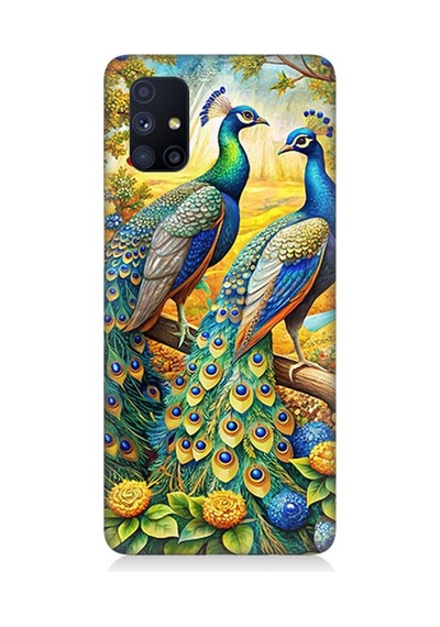 Samsung Galaxy M51 Uyumlu Görkemli Tavuskuşu Bahçesi Desenli Silikon Kılıf Çok Renkli