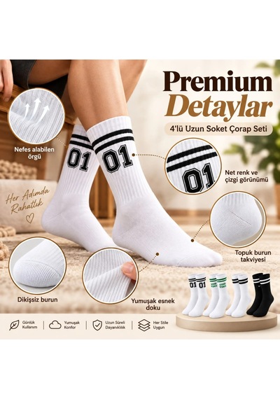 Storeşahin Unisex Çorap Çizgili 8'li Set 07 Good Vibes Yazılı Siyah Beyaz Uzun Soket Spor Kolej Stil Çorap Shn0720 Çok  Renkli