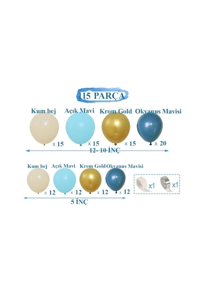 Okyanus Mavi, Deniz Kumu Ve Krom Gold Temalı 115 Adet Balon Zincir Set