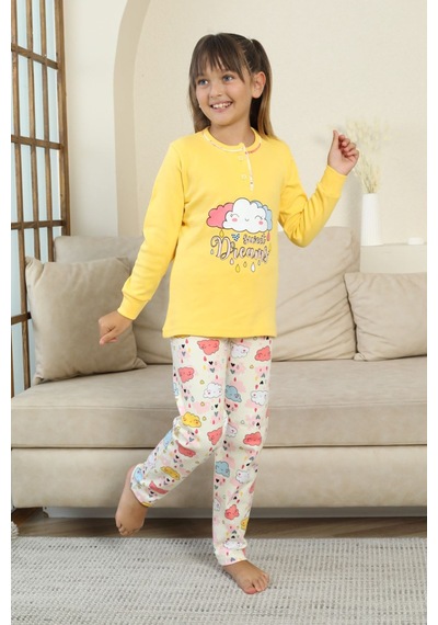 Miniğimin Cicileri Bulut Baskılı Düğmeli Kız Çocuk Pijama Tak... Sarı