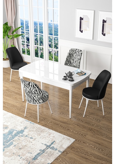 Canisa Concept Kor Serisi 70x114 Açılabilir Mutfak Masası Takımı Beyaz Masa 2 Zebra Desen 2 Siyah Sandalye Masa Beyaz 2 Sandalye Siyah 2 Sandalye Zebra Desen