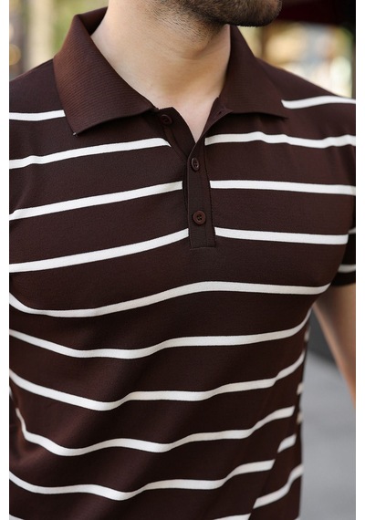 Madmext Acı Kahverengi Çizgili Polo Yaka Triko Erkek T-shirt E7405