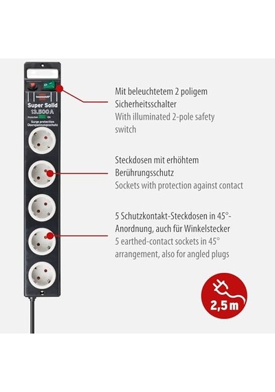 Brennenstuhl Super-solid Surge Protection 13.500 A 5'li Priz, Siyah 0