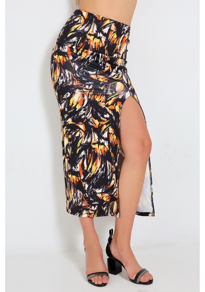 Gugus Kadın Derin Yırtmaçlı Dijital Baskılı Etek Maxi Boy 92 Cm Çok Renkli