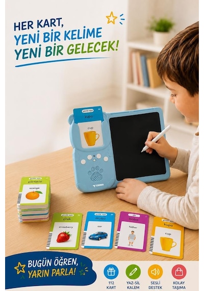 İngilizce Sesli Erken Eğitim Çocuk Tableti 8 İnç Lcd Çizim Tahtası 112 Çift Taraflı Kartlı Y5 Mavi