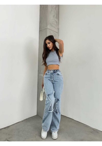 Shevega Kadın Taş Yikama Bacak Yildizli Bol Paça Kot Jeans Pantolon Taş Yıkama