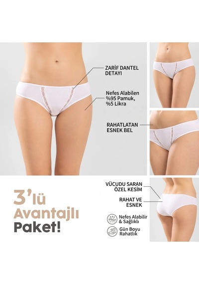 Elitse Kadın Pamuklu Zikzak İşlemeli Bikini Kesim Külot 3'lü Paket Siyah Beyaz Dantel Detaylı İç Çamaşırı