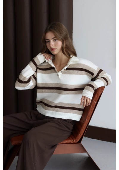 Park Karon Kadın Kemik Oversize Çizgili Polo Yaka Triko Kazak Kemik