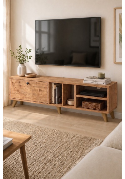 Tv Ünitesi 140 Cm Tv Sehpası Düşer Kapaklı Tv Ünitesi Televizyon Sehpası Sardinya Çam
