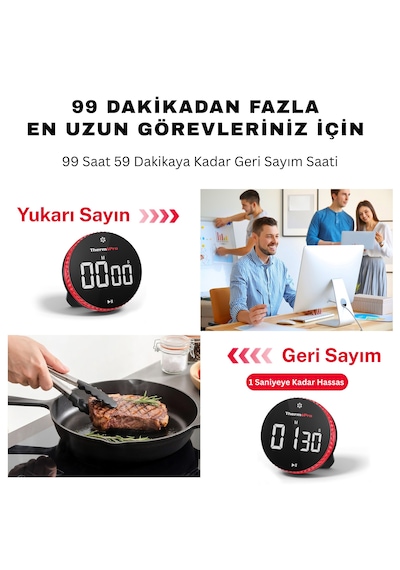 TM04 99 Saat Kapasiteli Çevirmeli Dijital Mutfak ve Ders Zamanlayıcısı, Geniş LED Ekranlı Mıknatıslı Kronometre